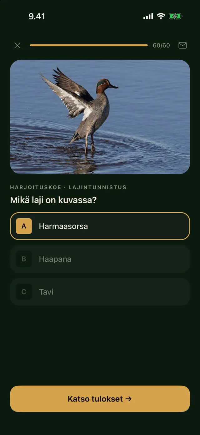 Lajintunnistus harjoituskokeessa