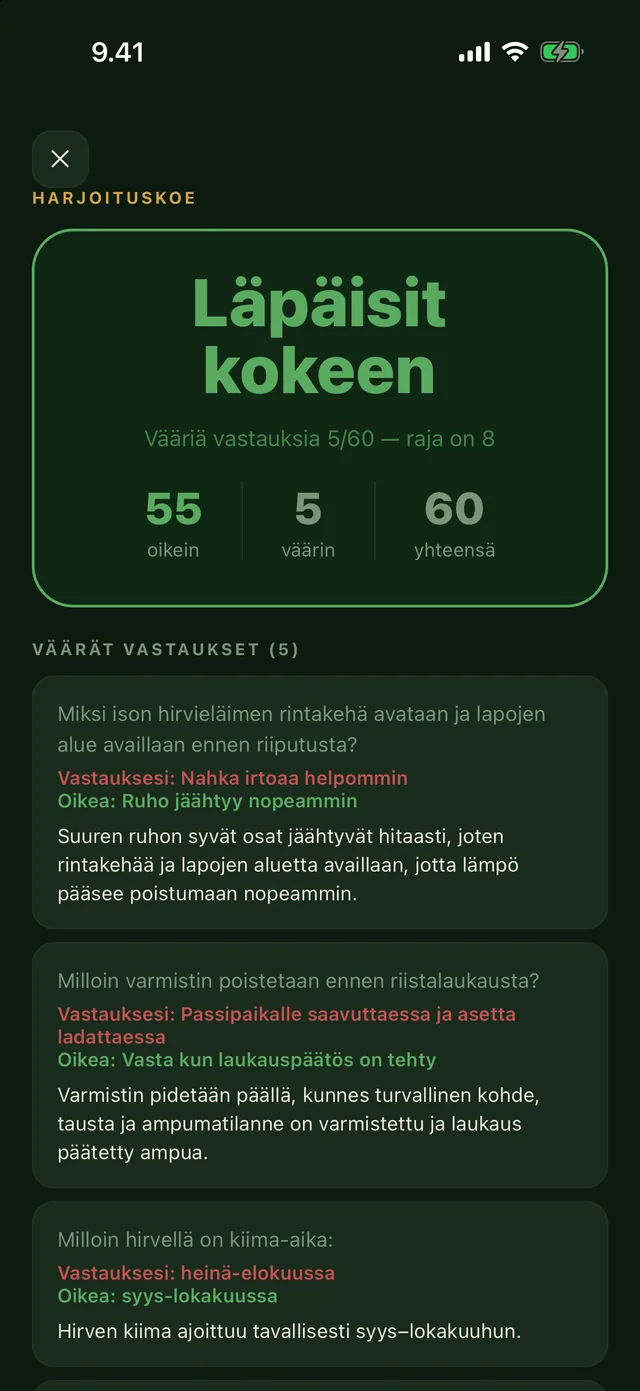 Harjoituskokeen tulos: läpäisit kokeen