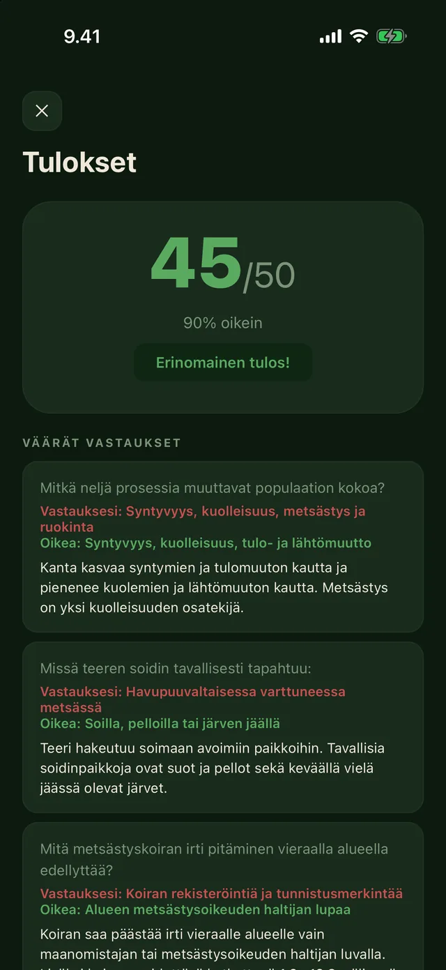 Tulosnäkymä ja väärien vastausten selitykset
